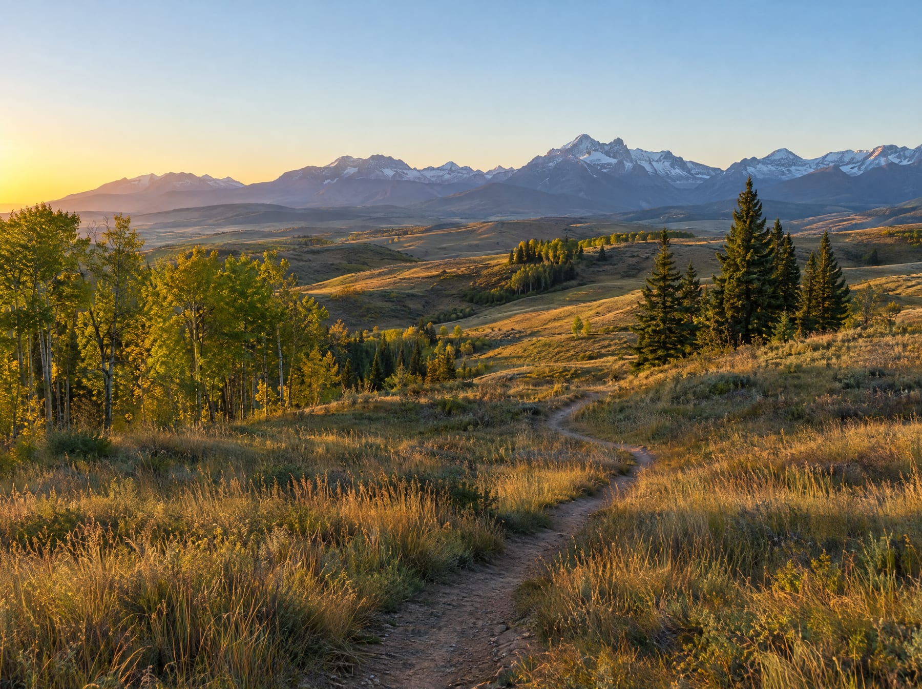 A dirt trail winding through golden foothills grassland toward the Rocky Mountains at dawn