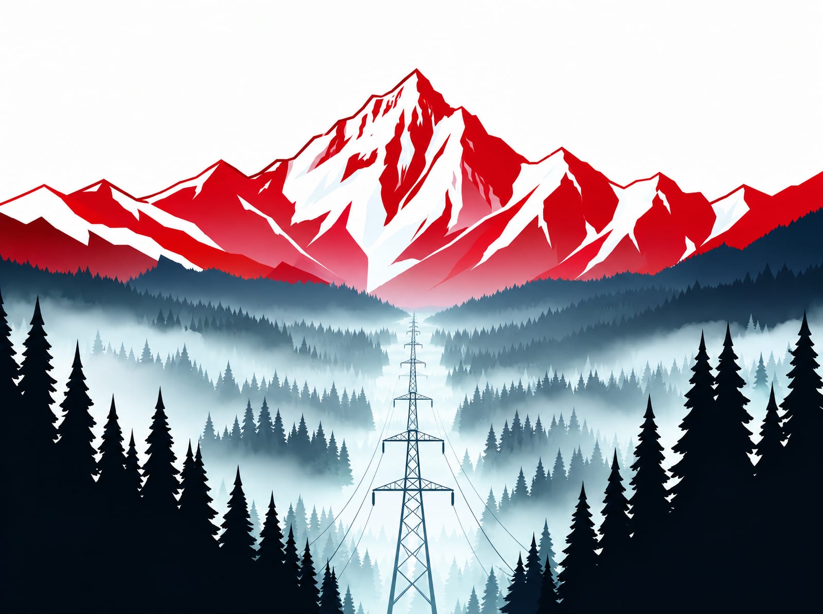 Illustration of a transmission-line corridor through boreal forest toward red mountains
