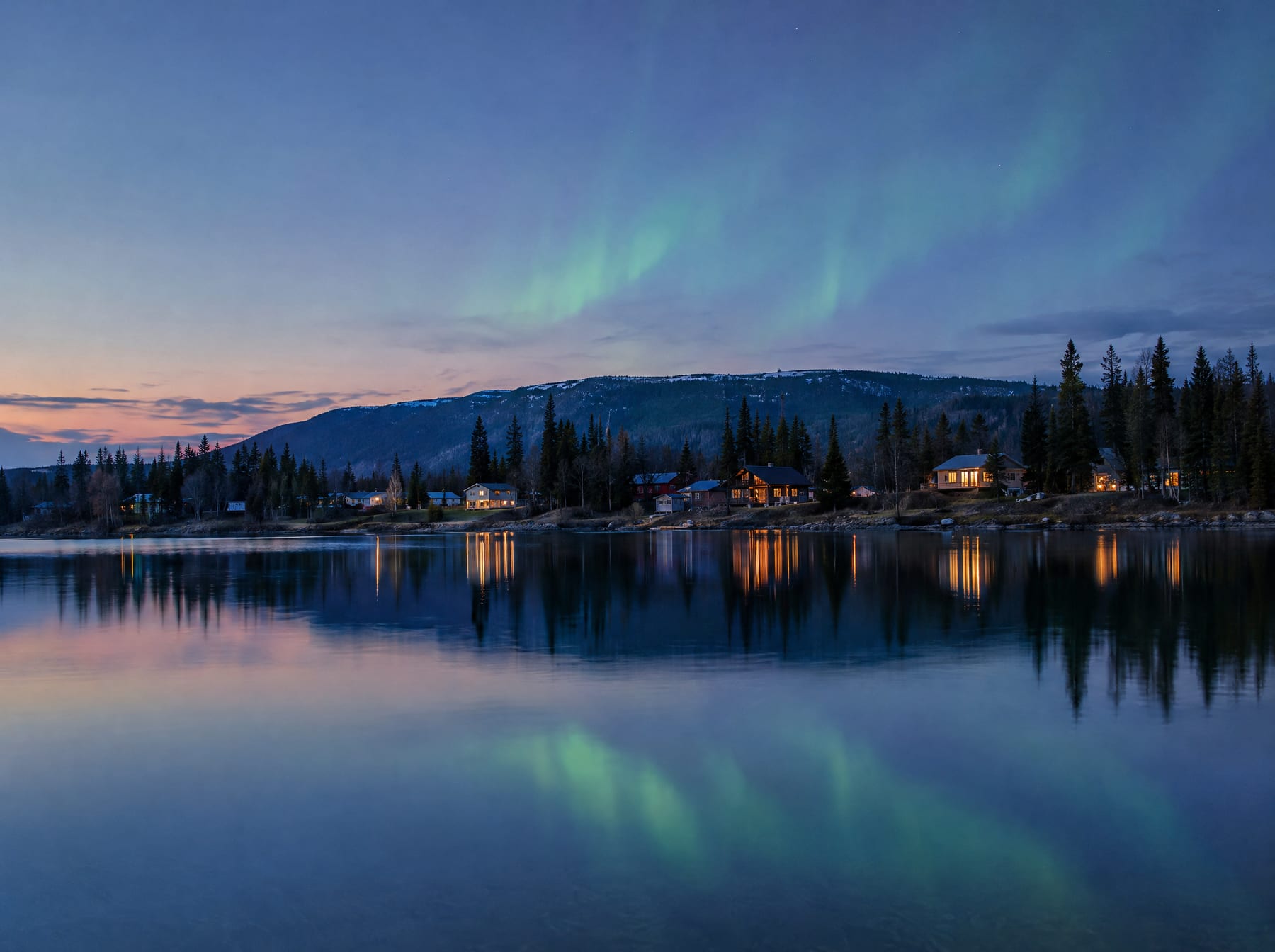 A small lakeside community at dusk, its window lights reflected in a still northern lake under faint aurora
